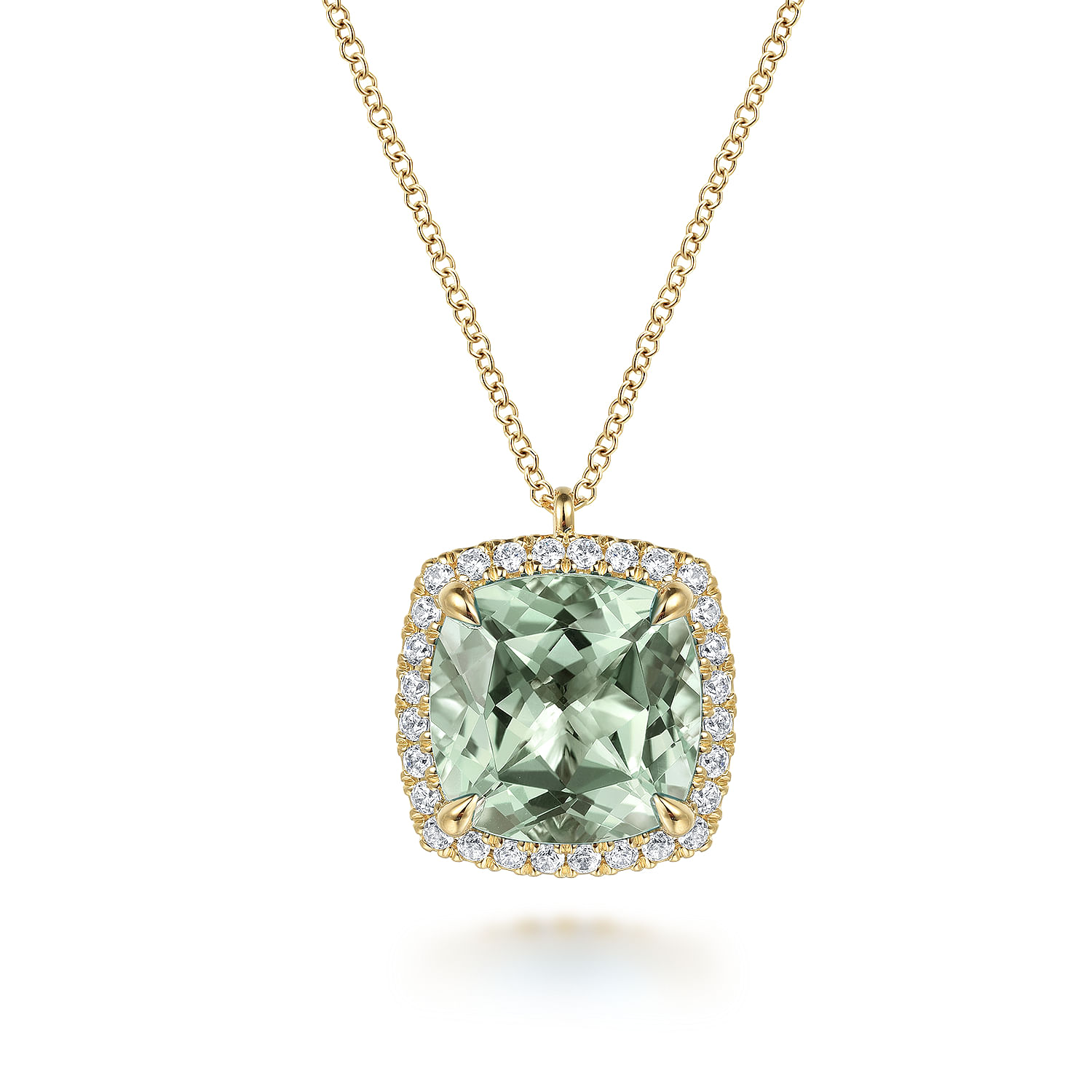 14K Yellow Gold Diamond and Green Amethyst Cushion Cut Necklace With Flower Pattern J-Back