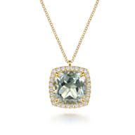 14K Yellow Gold Diamond and Green Amethyst Cushion Cut Necklace With Flower Pattern J-Back
