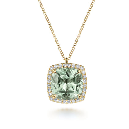 14K Yellow Gold Diamond and Green Amethyst Cushion Cut Necklace With Flower Pattern J-Back