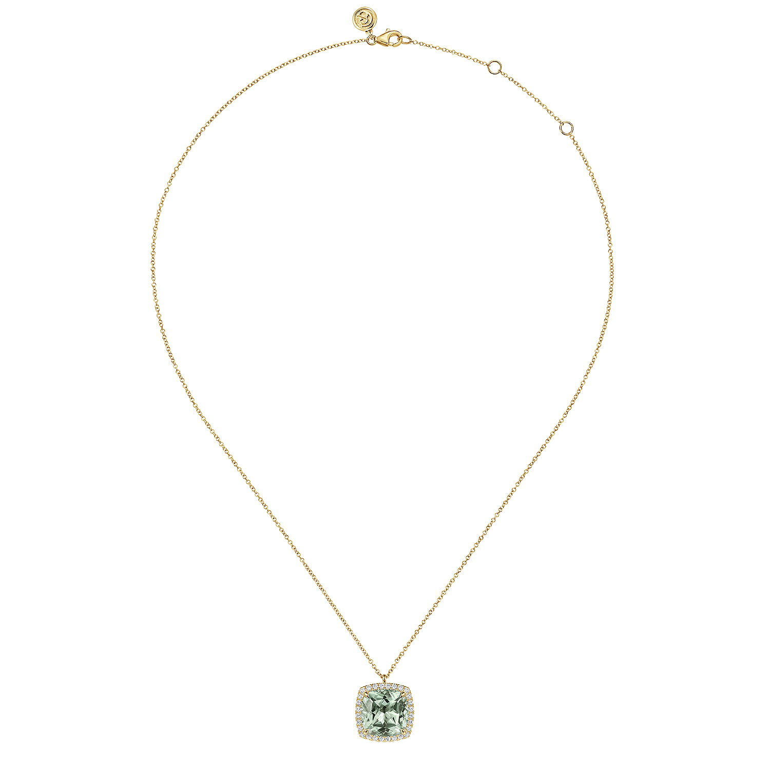 14K Yellow Gold Diamond and Green Amethyst Cushion Cut Necklace With Flower Pattern J-Back