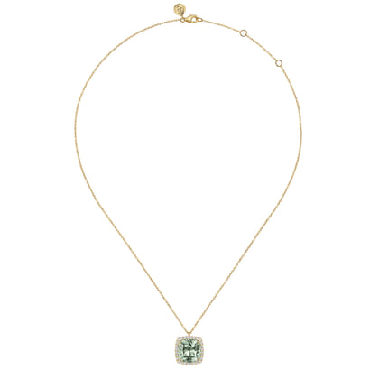 14K Yellow Gold Diamond and Green Amethyst Cushion Cut Necklace With Flower Pattern J-Back