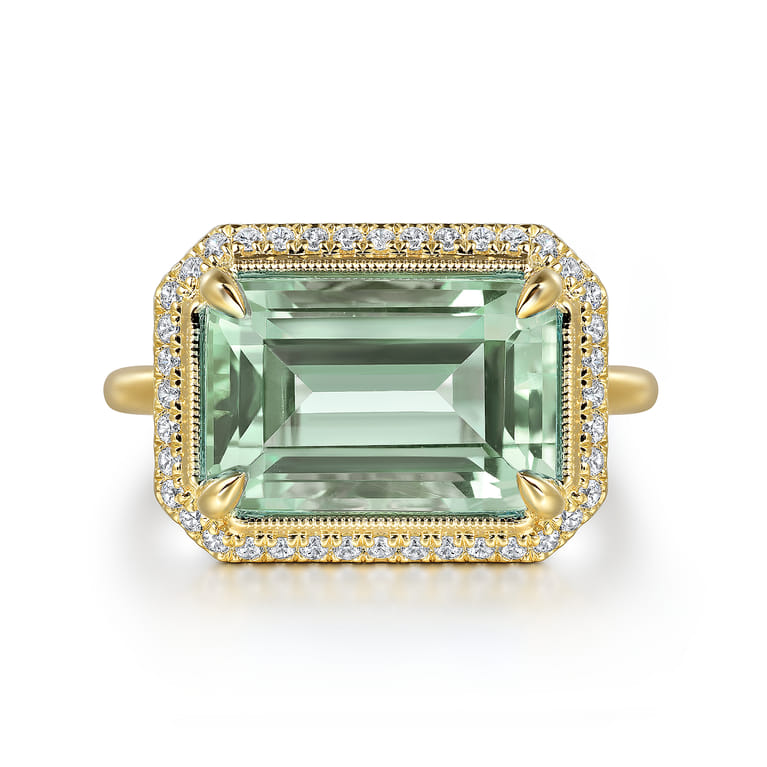 14K Yellow Gold Diamond and Green Amethyst Emerald Cut Ladies Ring With Flower Pattern Gallery - 0.2 ct - Shot 1