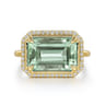 14K Yellow Gold Diamond and Green Amethyst Emerald Cut Ladies Ring With Flower Pattern Gallery - 0.2 ct