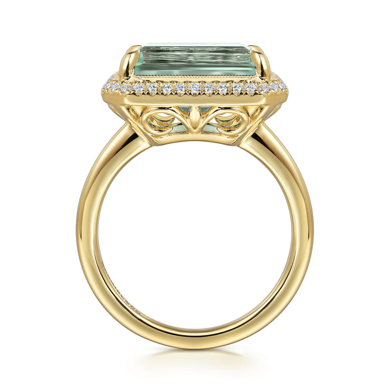 14K Yellow Gold Diamond and Green Amethyst Emerald Cut Ladies Ring With Flower Pattern Gallery - 0.2 ct - Shot 2