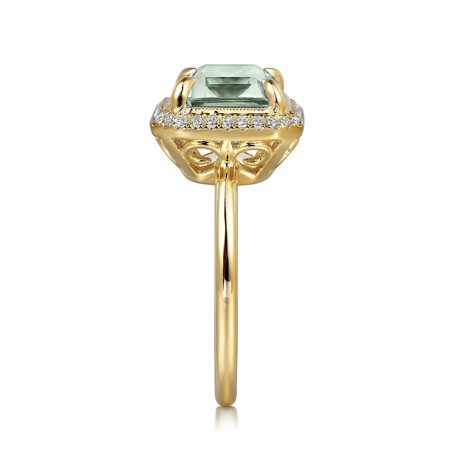 14K Yellow Gold Diamond and Green Amethyst Emerald Cut Ladies Ring With Flower Pattern Gallery