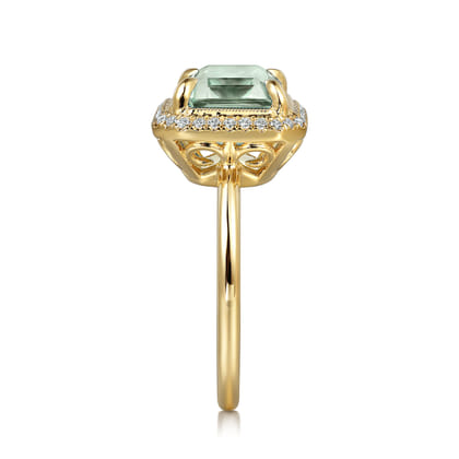 14K Yellow Gold Diamond and Green Amethyst Emerald Cut Ladies Ring With Flower Pattern Gallery