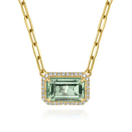 14K Yellow Gold Diamond and Green Amethyst Emerald Cut Necklace With Flower Pattern Gallery