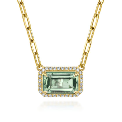 14K Yellow Gold Diamond and Green Amethyst Emerald Cut Necklace With Flower Pattern Gallery