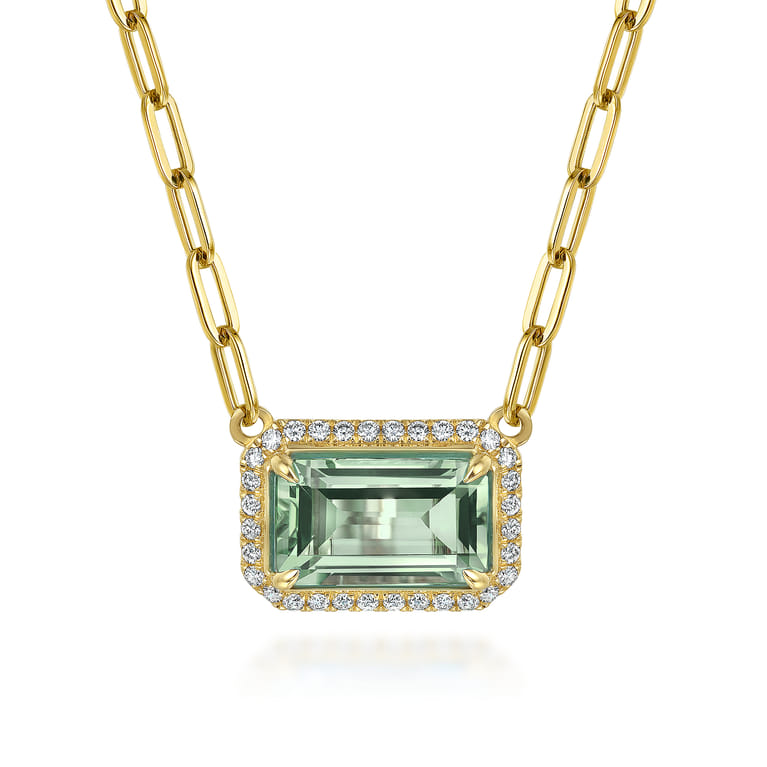 14K Yellow Gold Diamond and Green Amethyst Emerald Cut Necklace With Flower Pattern Gallery - 0.5 ct - Shot 1