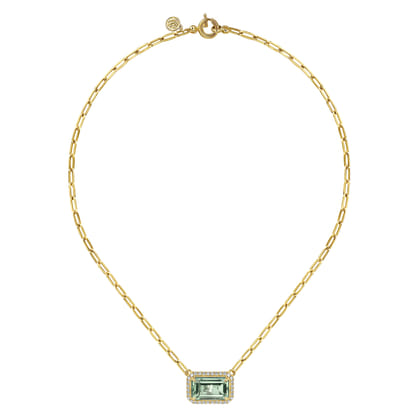 14K Yellow Gold Diamond and Green Amethyst Emerald Cut Necklace With Flower Pattern Gallery