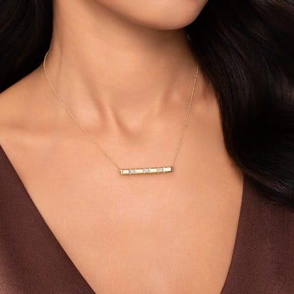 14K Yellow Gold Diamond and Half Cube Bar Necklace