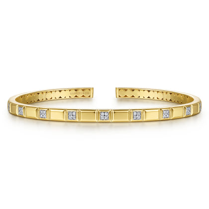 14K Yellow Gold Diamond and Half Cube Cuff Bangle Bracelet