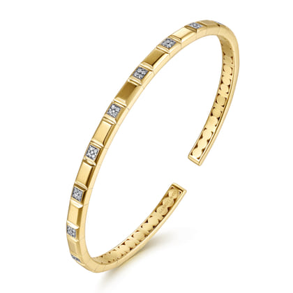 14K Yellow Gold Diamond and Half Cube Cuff Bangle Bracelet