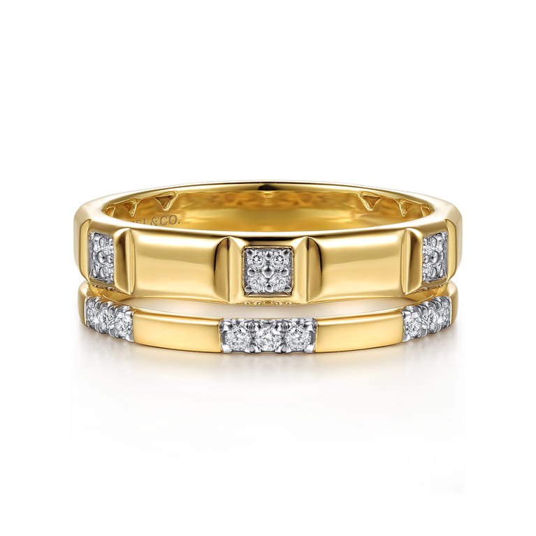 14K Yellow Gold Diamond and Half Cube Easy Stackable Ring - 0.14 ct - Shot 1