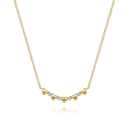 14K Yellow Gold Diamond and Heart Bar Necklace