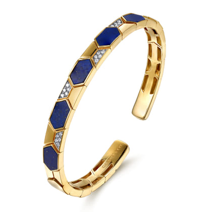 14K Yellow Gold Diamond and Lapis Bangle Bracelet