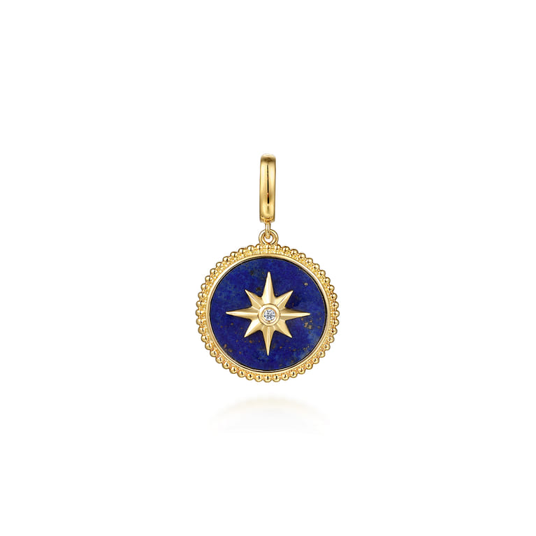 14K Yellow Gold Diamond and Lapis Bujukan Medallion Pendant in Size 18mm With Detachable Bail - 0.02 ct - Shot 1