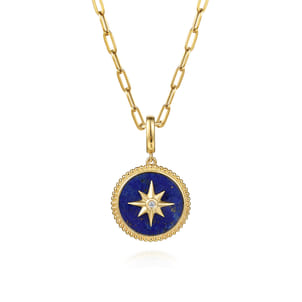 14K Yellow Gold Diamond and Lapis Bujukan Medallion Pendant in Size 18mm With Detachable Bail