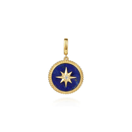 14K Yellow Gold Diamond and Lapis Bujukan Medallion Pendant in Size 18mm with Detachable Bail