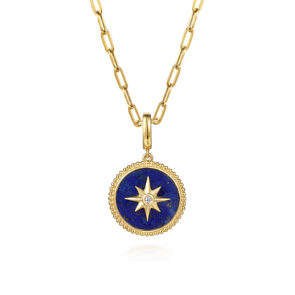 14K Yellow Gold Diamond and Lapis Bujukan Medallion Pendant in Size 18mm with Detachable Bail