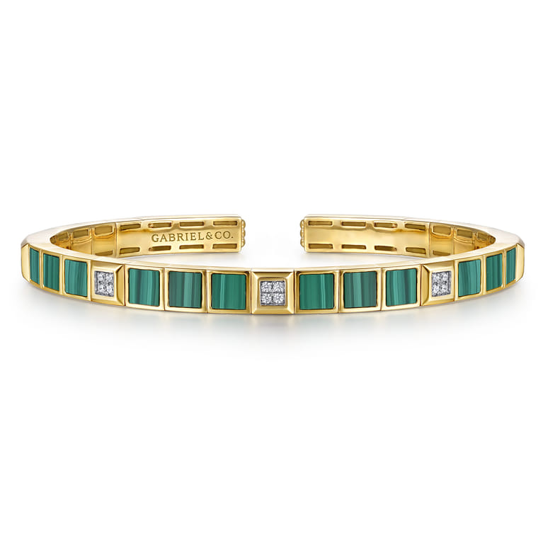 14K Yellow Gold Diamond and Malachite Bangle Bracelet - 0.07 ct - Shot 1