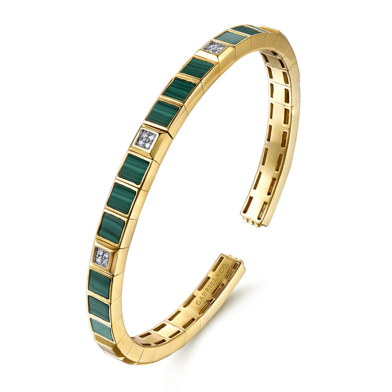 14K Yellow Gold Diamond and Malachite Bangle Bracelet - 0.07 ct - Shot 2