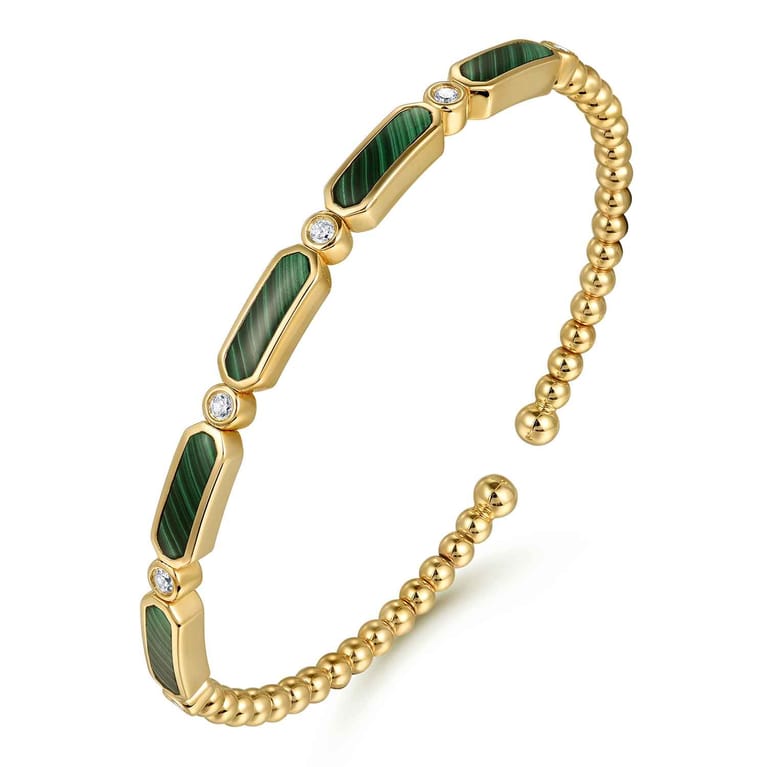 14K Yellow Gold Diamond and Malachite Bujukan Bangle - 0.21 ct - Shot 2