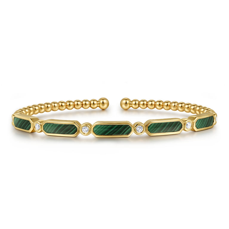 14K Yellow Gold Diamond and Malachite Bujukan Bangle - 0.21 ct - Shot 1