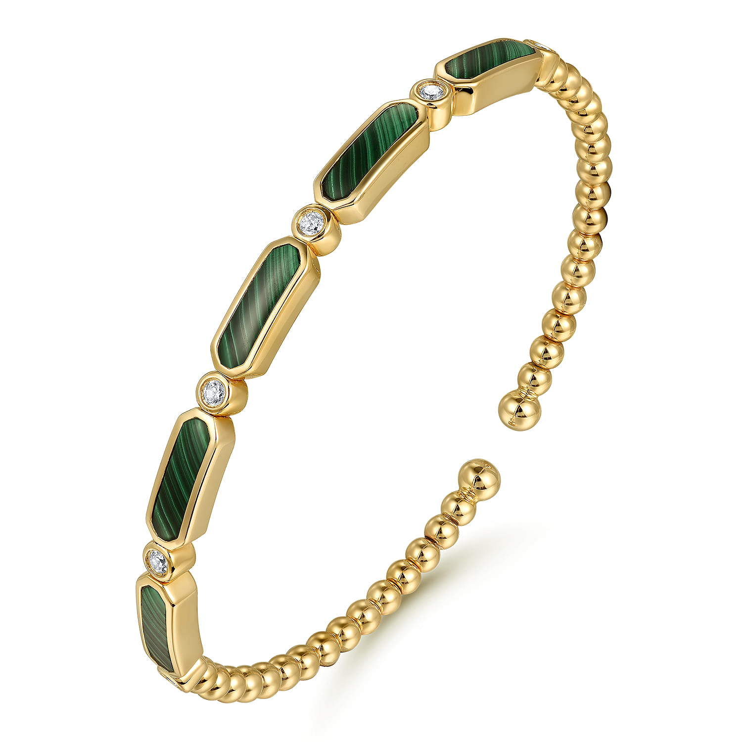 14K Yellow Gold Diamond and Malachite Cuff Bangle Bracelet-Bujukan - 0.21 ct - Shot 2