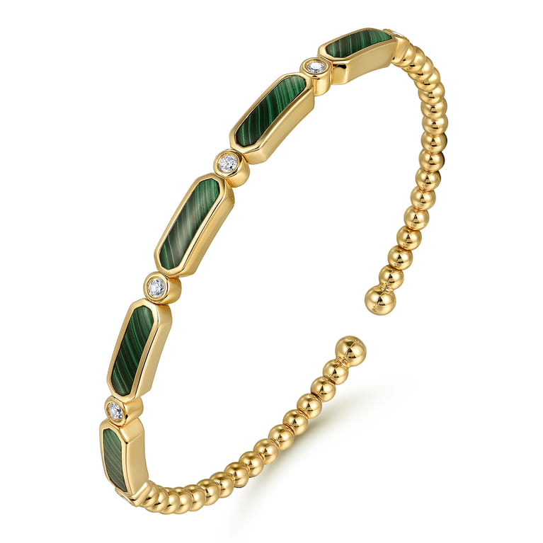 14K Yellow Gold Diamond and Malachite Cuff Bangle Bracelet-Bujukan - 0.21 ct - Shot 2