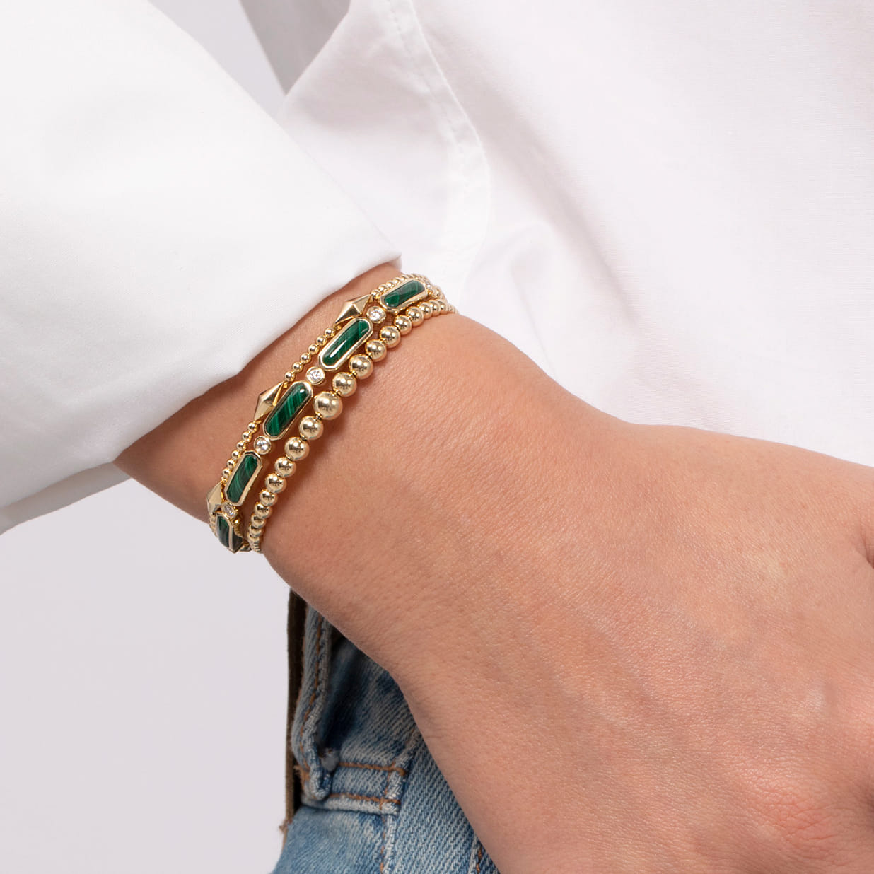 14K Yellow Gold Diamond and Malachite Cuff Bangle Bracelet-Bujukan - 0.21 ct - Shot 5