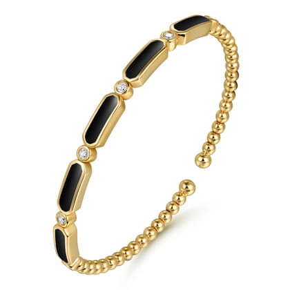14K Yellow Gold Diamond and Onyx Bujukan Bangle