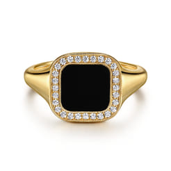 14K Yellow Gold Diamond and Onyx Mens Ring in High Polished Finish