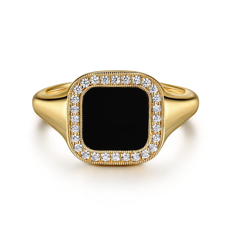 14K Yellow Gold Diamond and Onyx Mens Ring in High Polished Finish - 0.21 ct - Shot 1