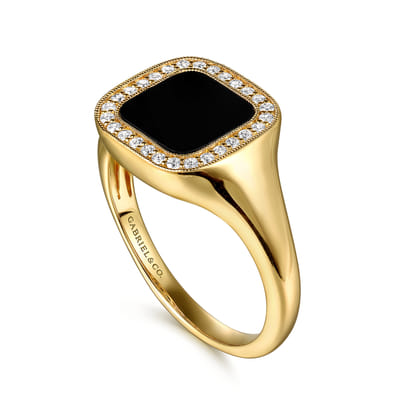 14K Yellow Gold Diamond and Onyx Mens Ring in High Polished Finish