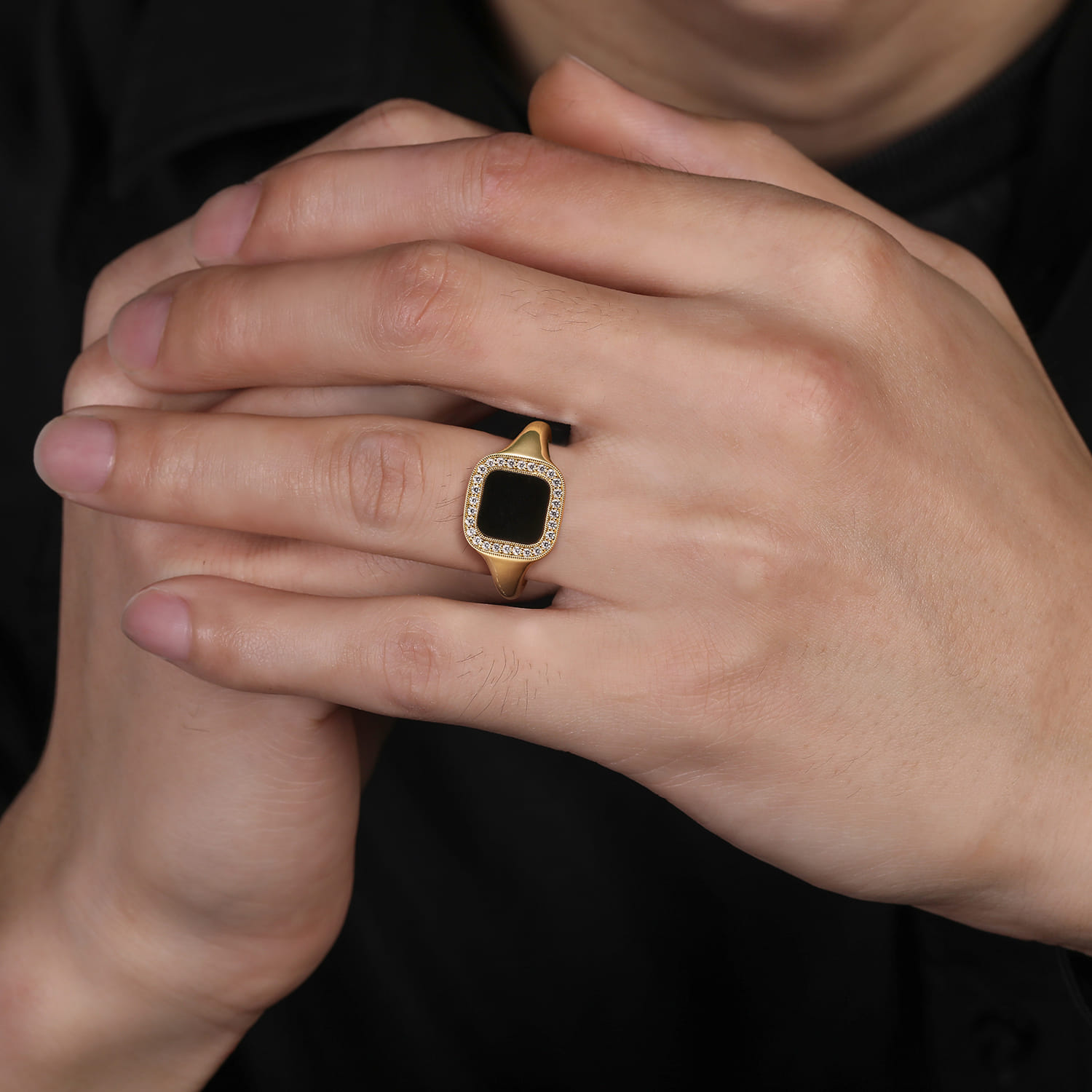 14K Yellow Gold Diamond and Onyx Mens Ring in High Polished Finish