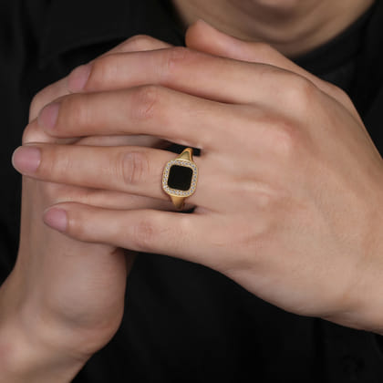 14K Yellow Gold Diamond and Onyx Mens Ring in High Polished Finish