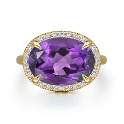 14K Yellow Gold Diamond and Oval Shape Amethyst Ladies Ring With Flower Pattern Gallery