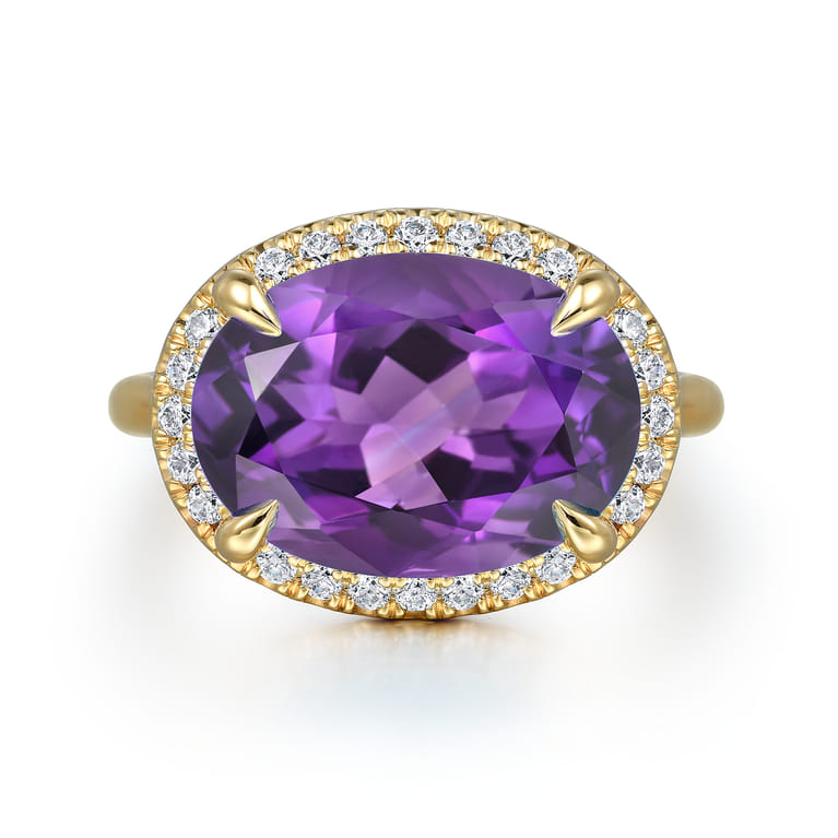 14K Yellow Gold Diamond and Oval Shape Amethyst Ladies Ring With Flower Pattern Gallery - 0.24 ct - Shot 1