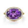 14K Yellow Gold Diamond and Oval Shape Amethyst Ladies Ring With Flower Pattern Gallery - 0.24 ct