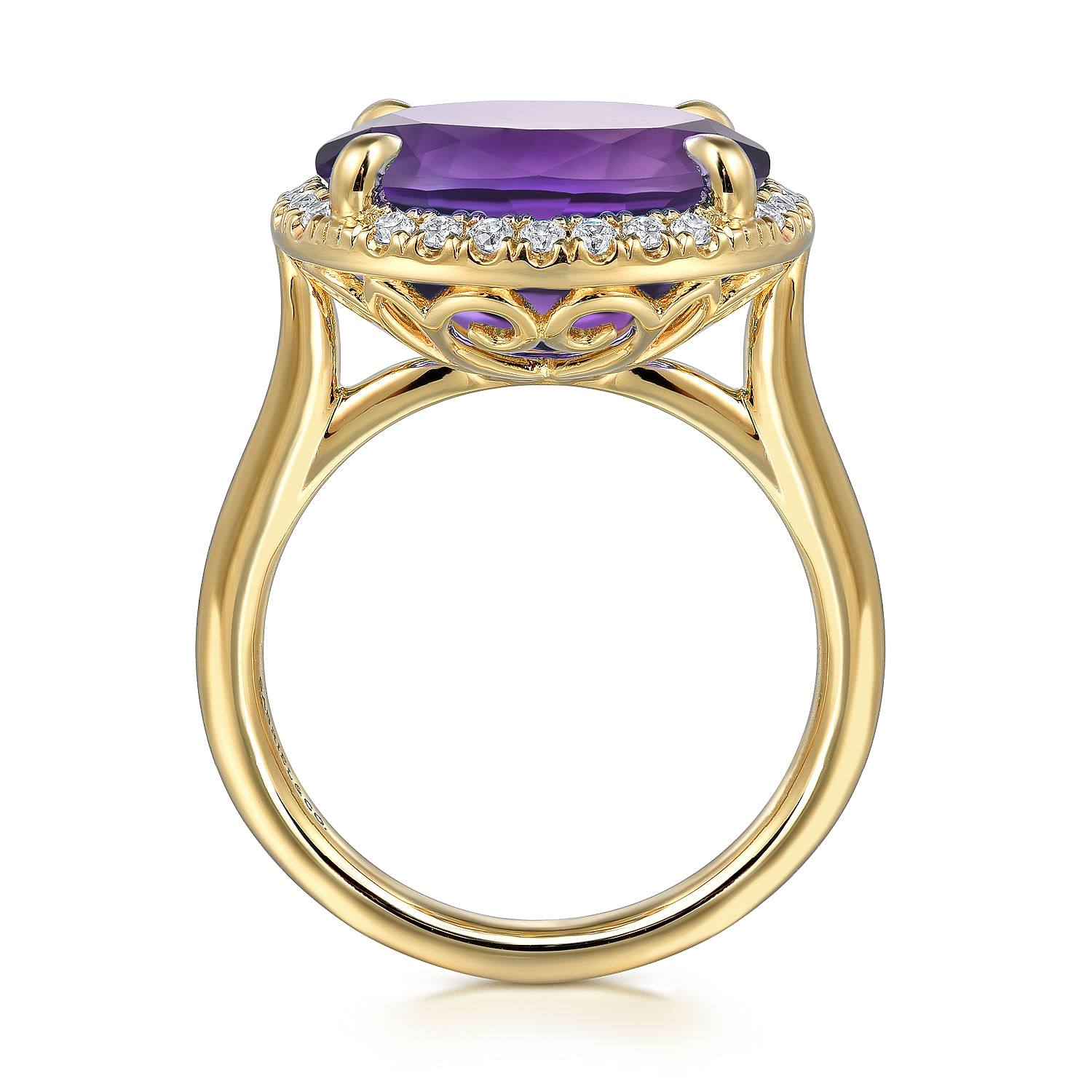 14K Yellow Gold Diamond and Oval Shape Amethyst Ladies Ring With Flower Pattern Gallery - 0.24 ct - Shot 2