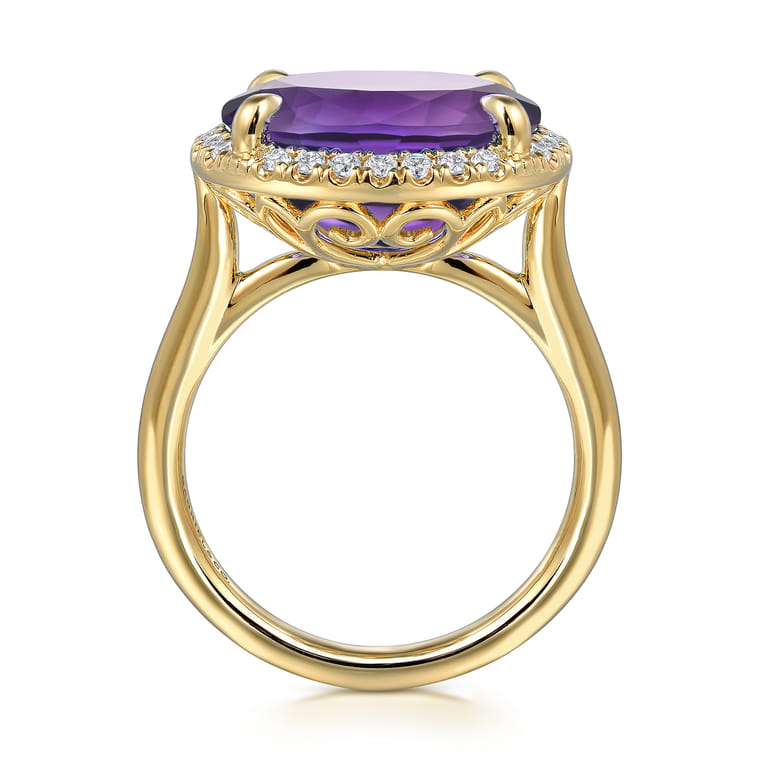 14K Yellow Gold Diamond and Oval Shape Amethyst Ladies Ring With Flower Pattern Gallery - 0.24 ct - Shot 2