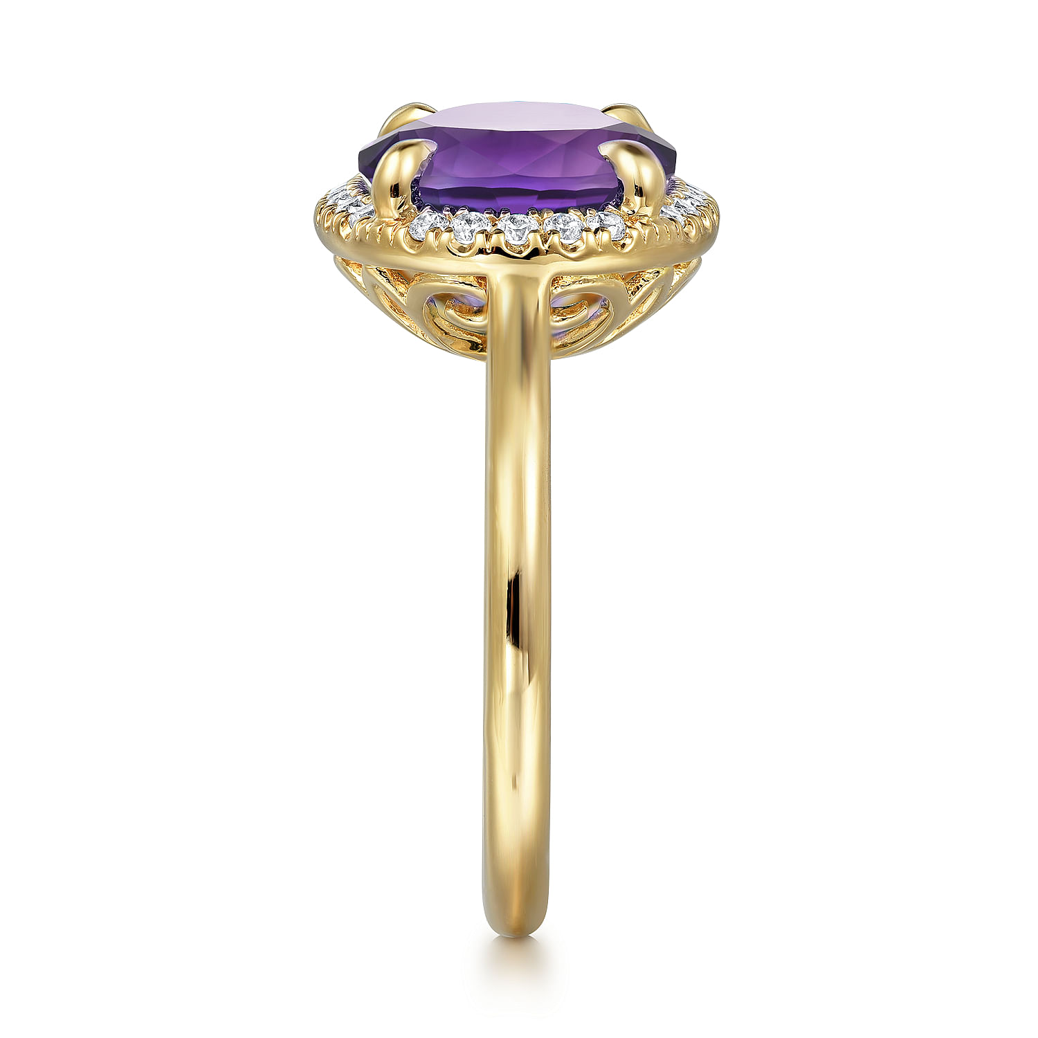 14K Yellow Gold Diamond and Oval Shape Amethyst Ladies Ring With Flower Pattern Gallery - 0.24 ct - Shot 4