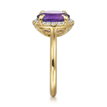 14K Yellow Gold Diamond and Oval Shape Amethyst Ladies Ring With Flower Pattern Gallery