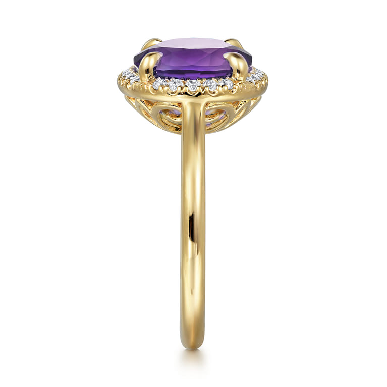 14K Yellow Gold Diamond and Oval Shape Amethyst Ladies Ring With Flower Pattern Gallery - 0.24 ct - Shot 4