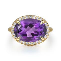 14K Yellow Gold Diamond and Oval Shape Amethyst Ladies Ring with Flower Pattern Gallery