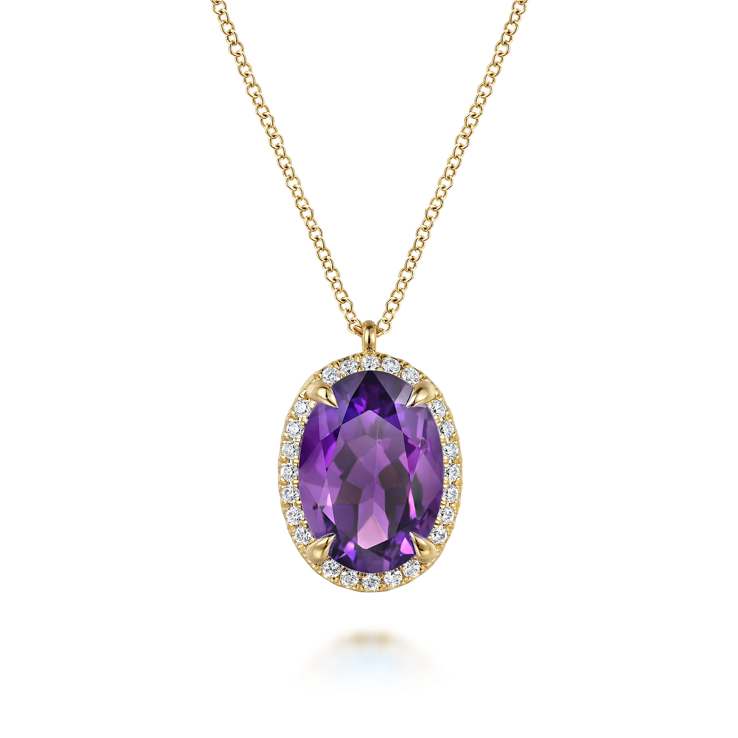 14K Yellow Gold Diamond and Oval Shape Amethyst Necklace With Flower Pattern J-Back - 0.24 ct - Shot 1
