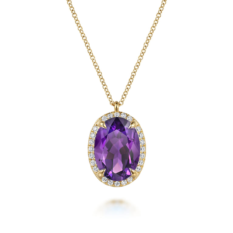 14K Yellow Gold Diamond and Oval Shape Amethyst Necklace With Flower Pattern J-Back - 0.24 ct - Shot 1