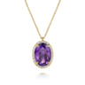 14K Yellow Gold Diamond and Oval Shape Amethyst Necklace With Flower Pattern J-Back - 0.24 ct