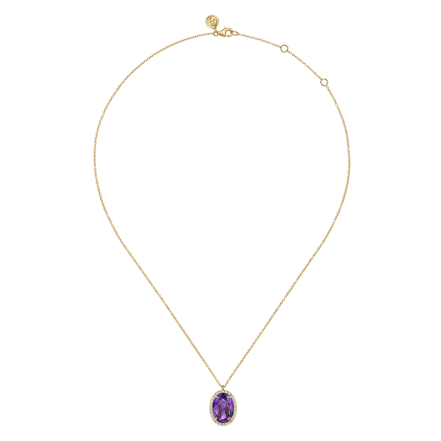 14K Yellow Gold Diamond and Oval Shape Amethyst Necklace With Flower Pattern J-Back - 0.24 ct - Shot 2